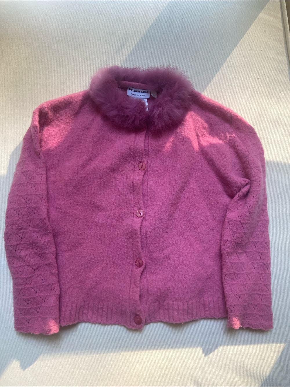 Saks Fifth Avenue Pink Fur Collar Button Cardigan